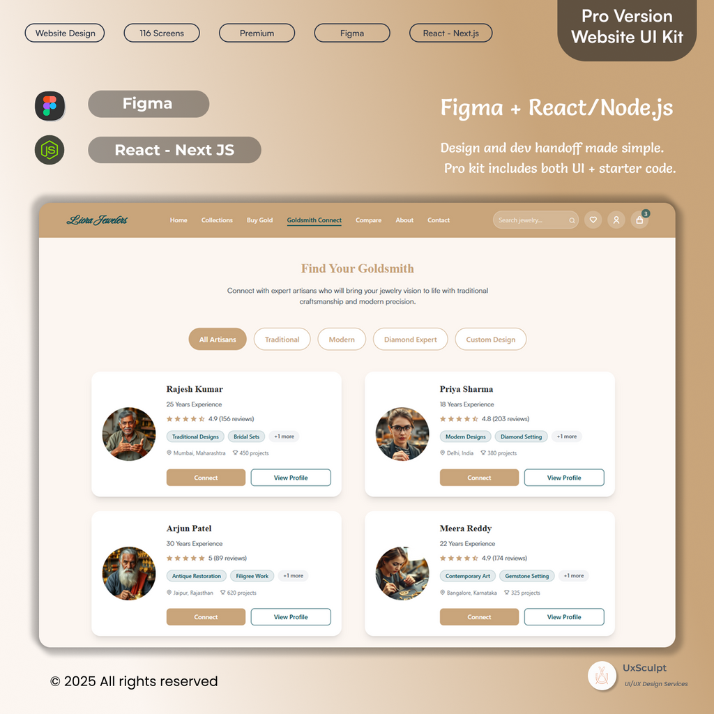 Luxury Jewelry Store UI – 116 Figma UI Screens + React/Node.js Code (eCommerce Kit)