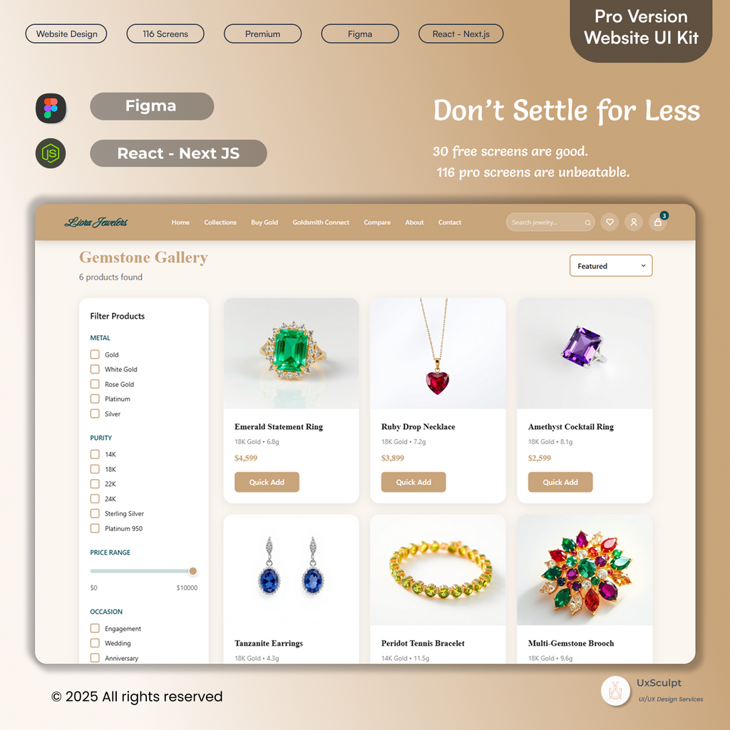 Luxury Jewelry Store UI – 116 Figma UI Screens + React/Node.js Code (eCommerce Kit)