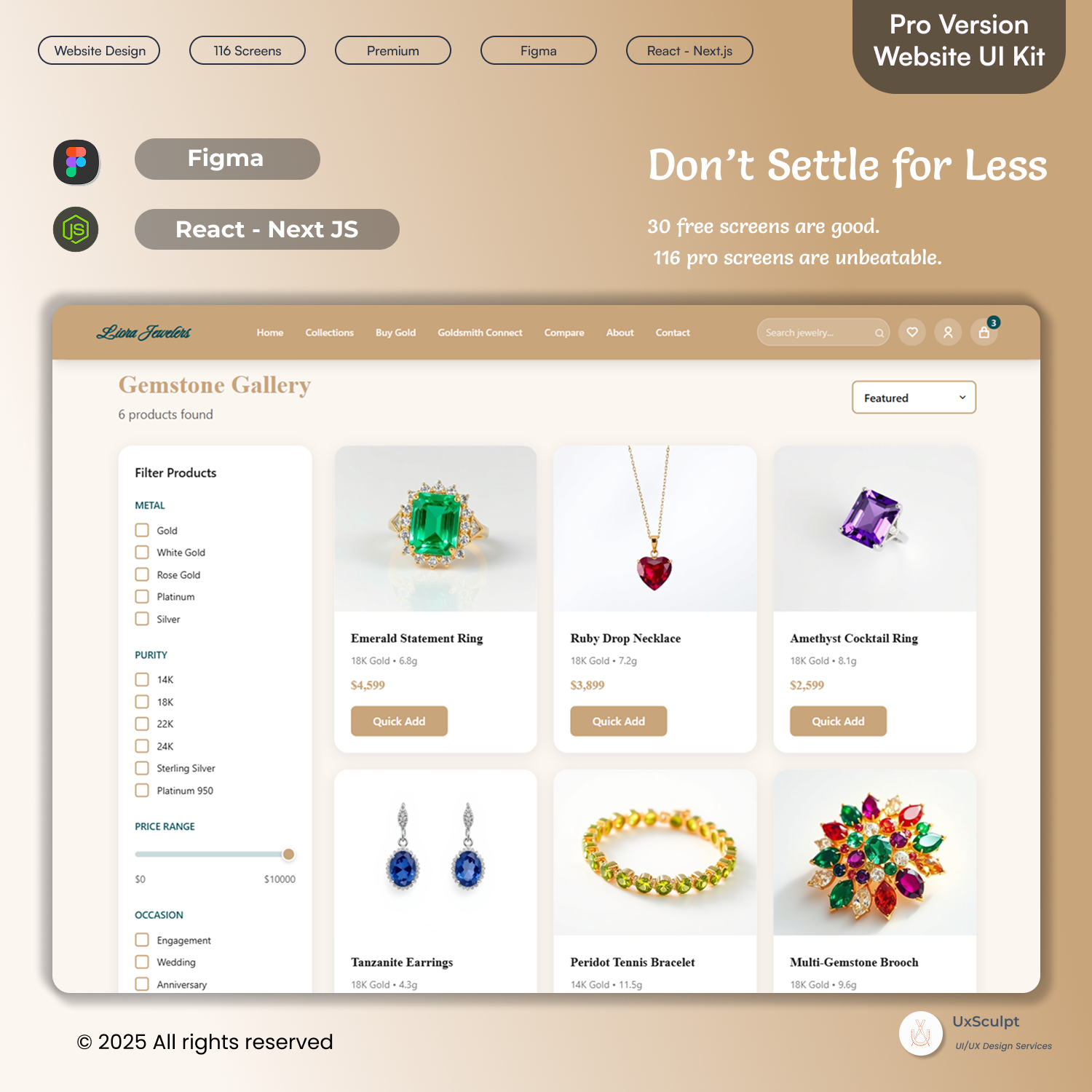 Luxury Jewelry Store UI – 116 Figma UI Screens + React/Node.js Code (eCommerce Kit)