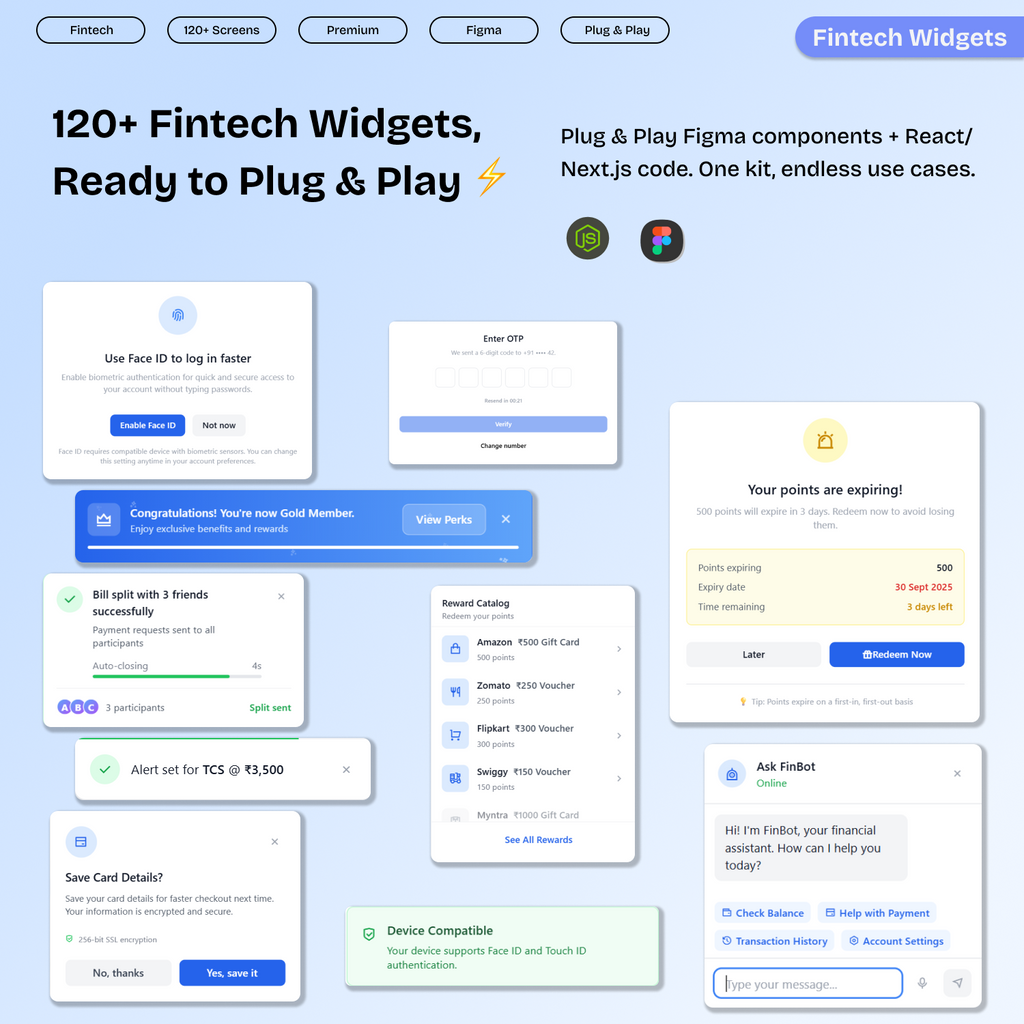 120 Fintech Widgets – Popups, Modals, Dropdowns & Overlays (Figma + React/Next.js)