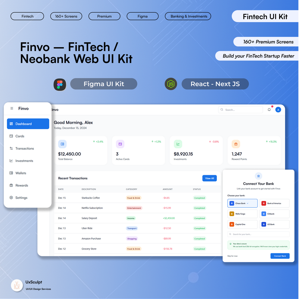 FinTech & Neobank Web Dashboard UI Kit (160+ Screens, Figma + Next.js)