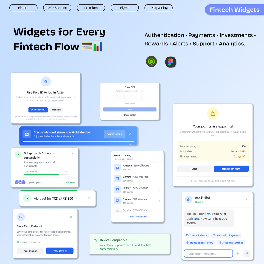 120 Fintech Widgets – Popups, Modals, Dropdowns & Overlays (Figma + React/Next.js)