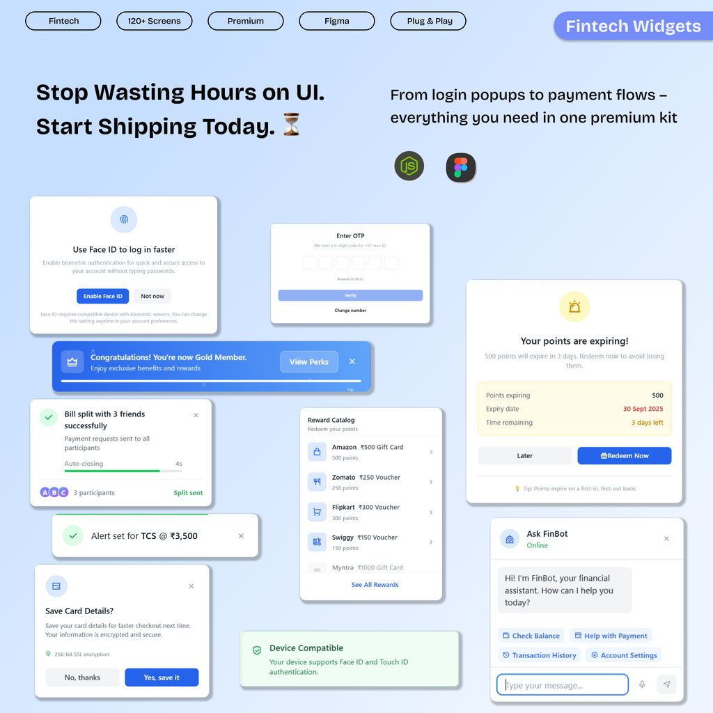 120 Fintech Widgets – Popups, Modals, Dropdowns & Overlays (Figma + React/Next.js)
