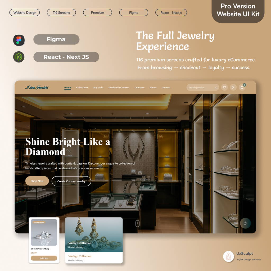 Luxury Jewelry Store UI – 116 Figma UI Screens + React/Node.js Code (eCommerce Kit)