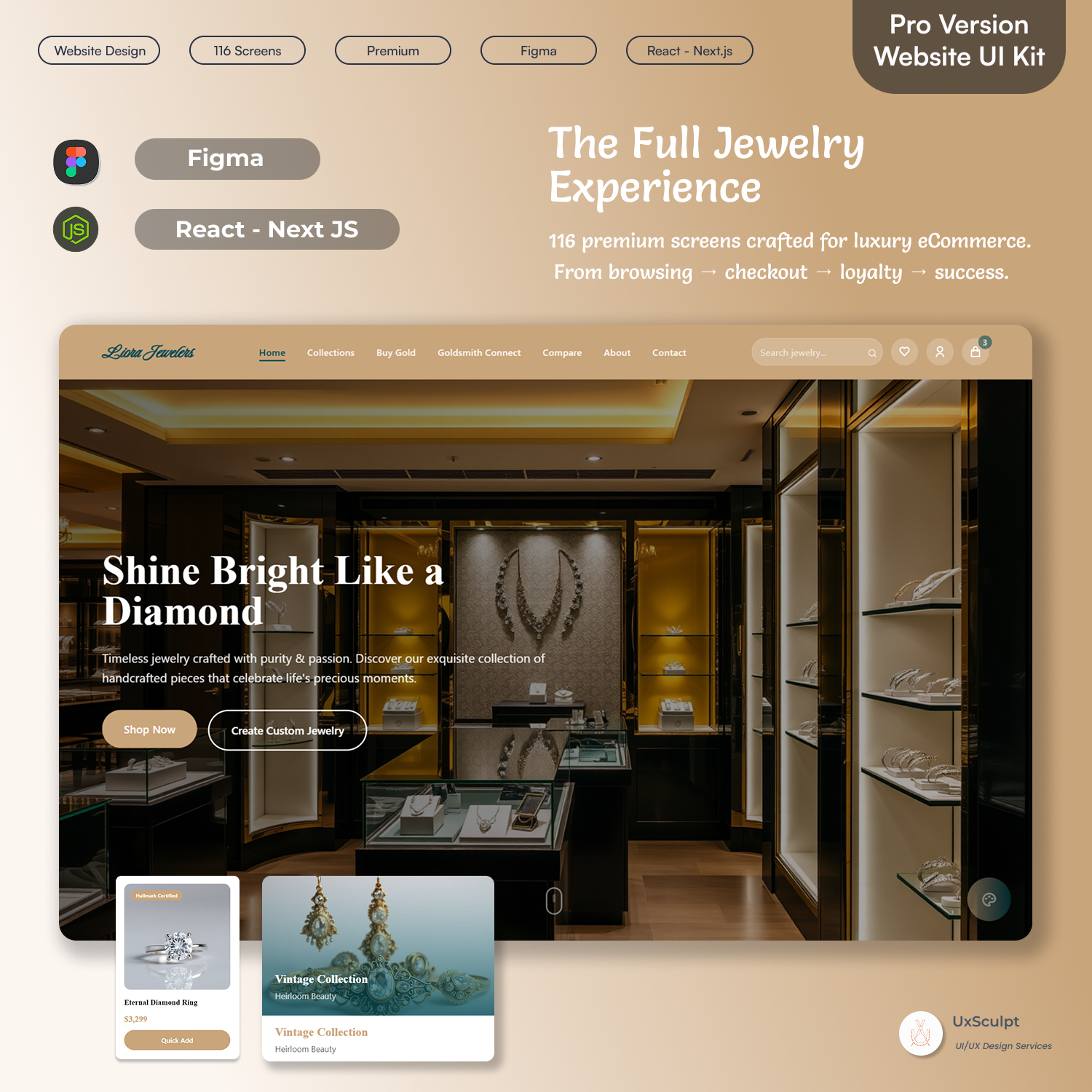 Luxury Jewelry Store UI – 116 Figma UI Screens + React/Node.js Code (eCommerce Kit)