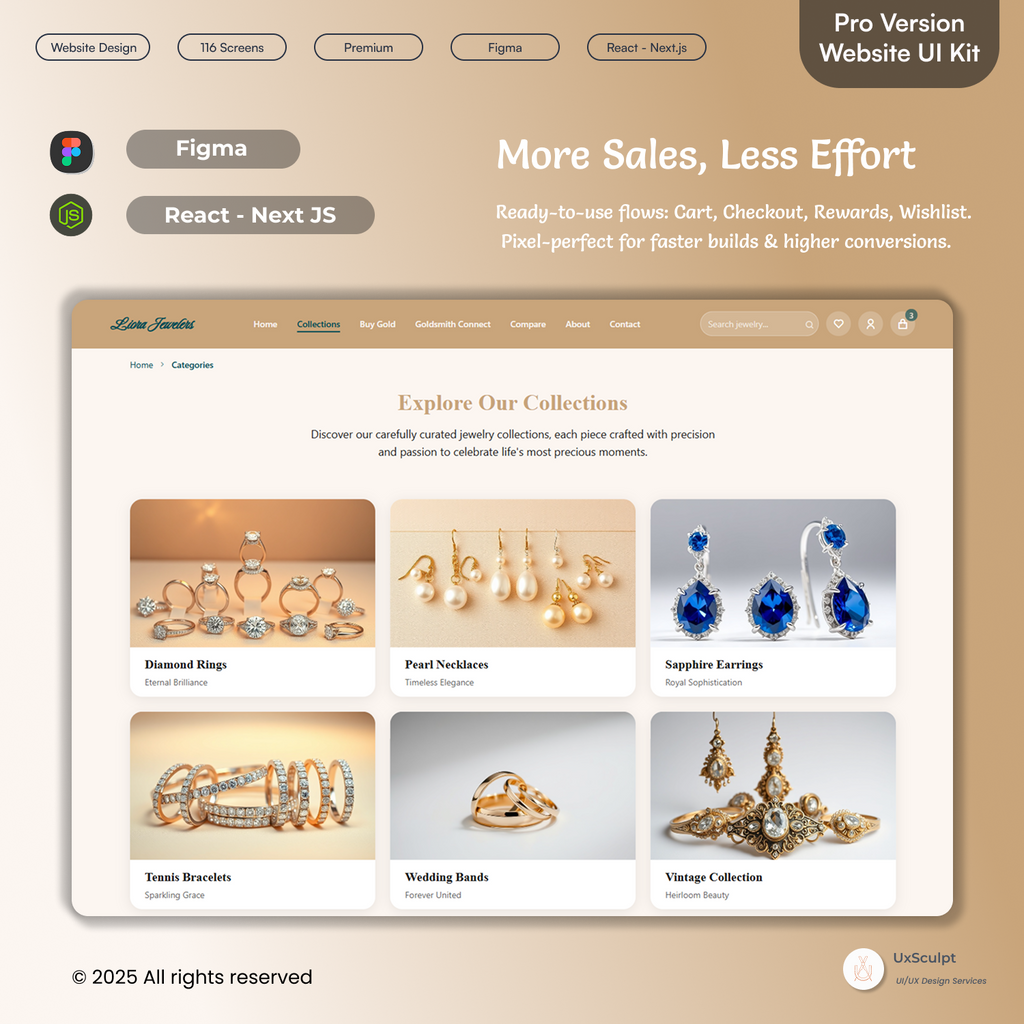 Luxury Jewelry Store UI – 116 Figma UI Screens + React/Node.js Code (eCommerce Kit)
