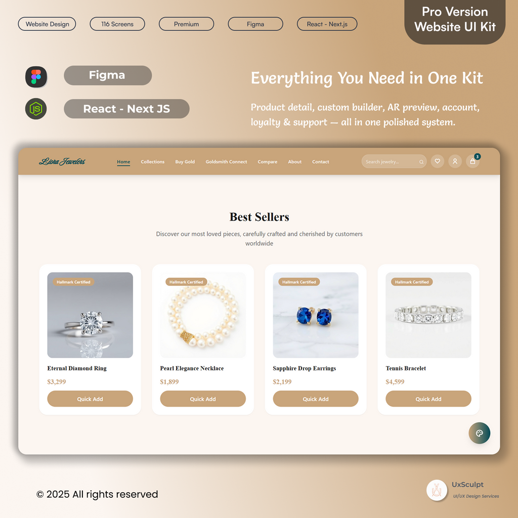 Luxury Jewelry Store UI – 116 Figma UI Screens + React/Node.js Code (eCommerce Kit)