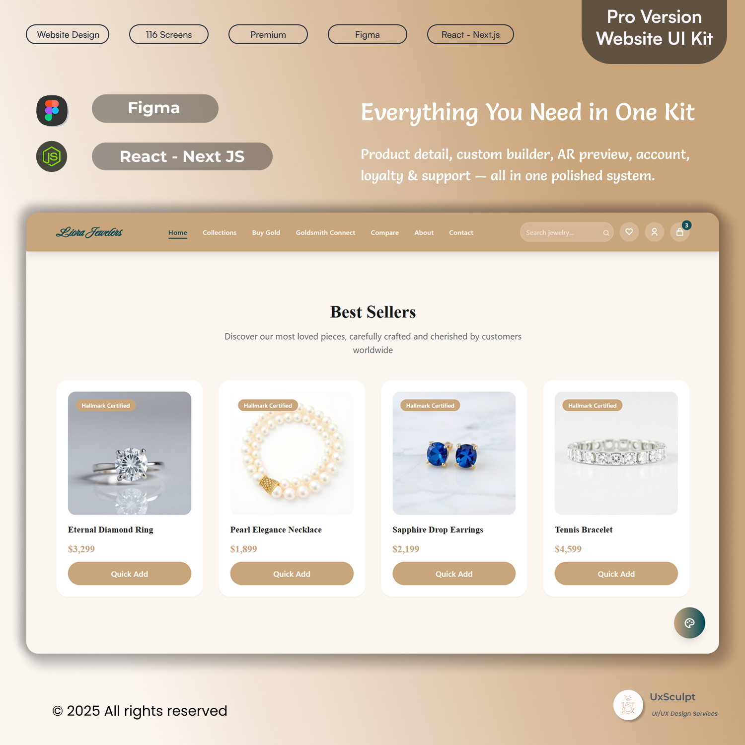Luxury Jewelry Store UI – 116 Figma UI Screens + React/Node.js Code (eCommerce Kit)